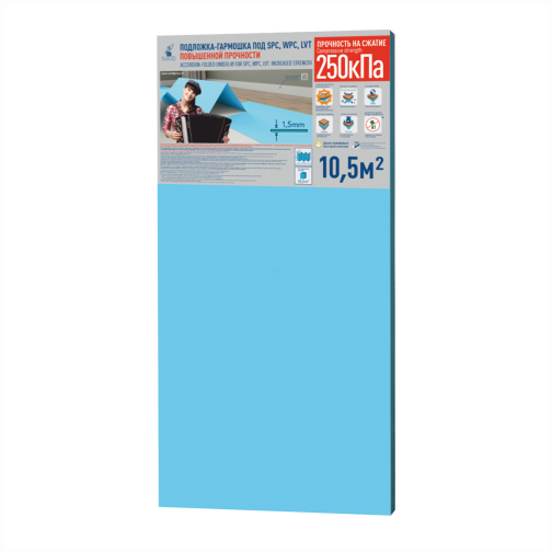 Подложка-гармошка Solid повышенной прочности (250кПа) под SPC, WPC, LVT покрытия синяя 1,5 мм (10.5 м2)