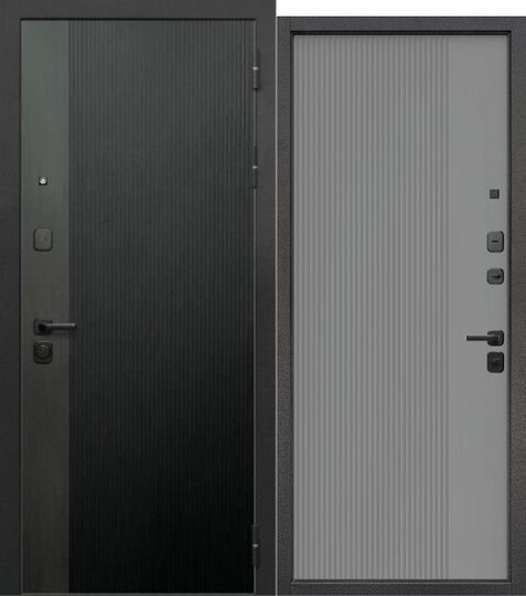 Дверь входная металлическая Е-Трейд 9 см Вертикаль Сатин серый / Муар черный - Серая