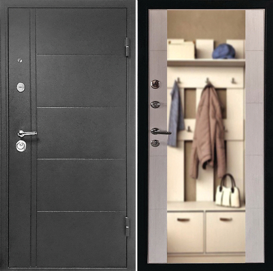 Дверь входная металлическая Форпост Эверест Зеркало Серый графит - Белёный дуб